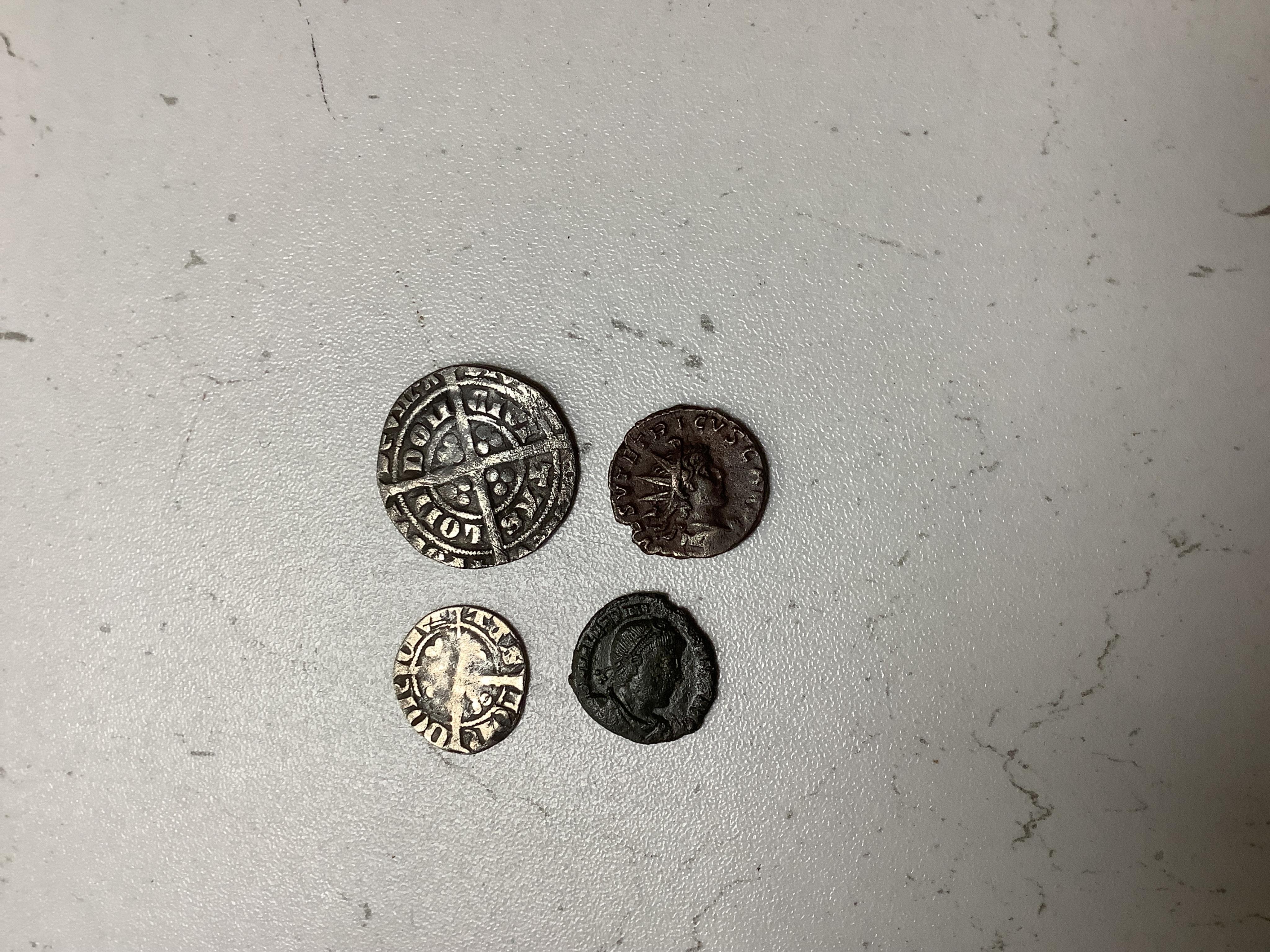 British Hammered coins, including a groat, Charles I shilling, Edward penny, two Roman AR denarius, other coins